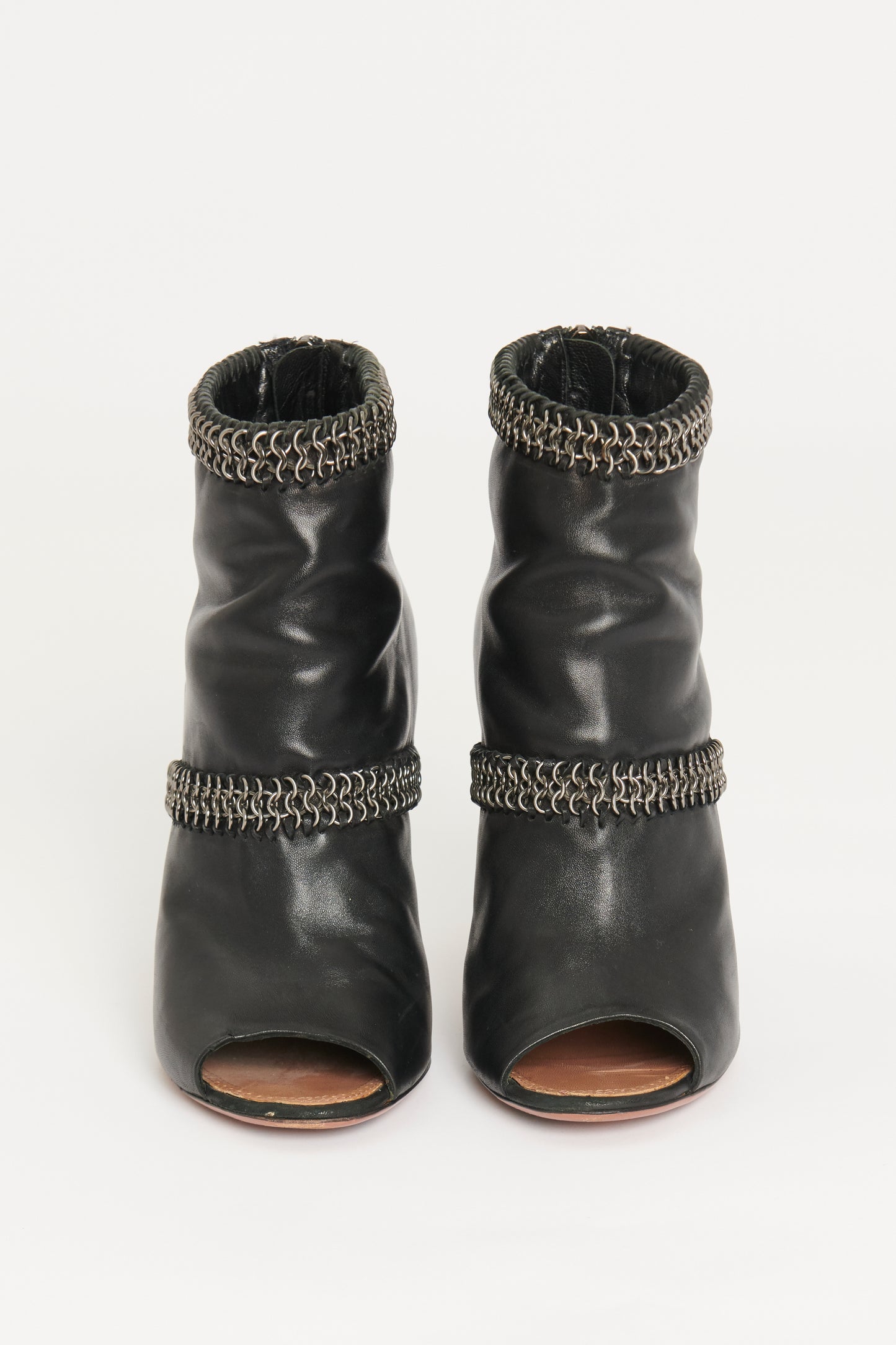 Black Leather Peep Toe Preowned Boots with Metal Rings