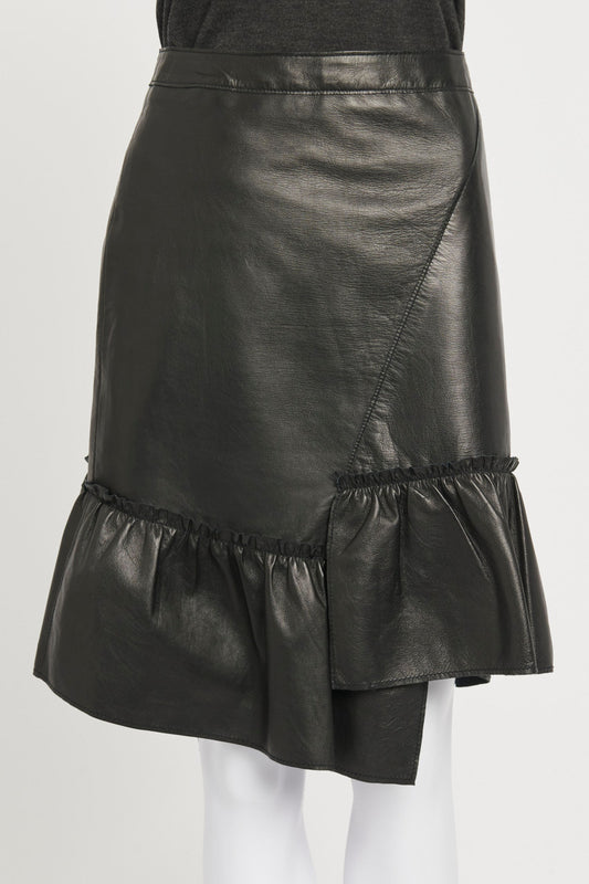 Black Leather Ruffle Hem Preowned Skirt