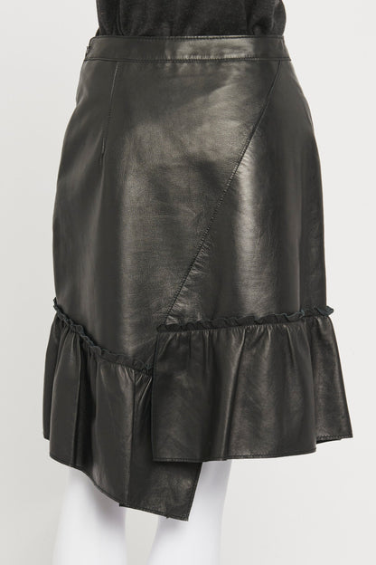 Black Leather Ruffle Hem Preowned Skirt