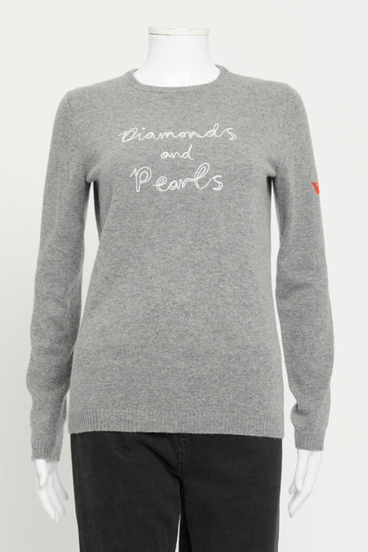 Grey Merino Wool Diamonds and Pearls Slogan Preowned Jumper
