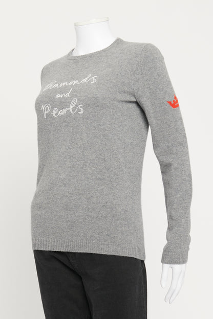 Grey Merino Wool Diamonds and Pearls Slogan Preowned Jumper