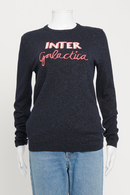 Midnight Blue Metallic Wool Blend Intergalactica Intarsia Preowned Jumper