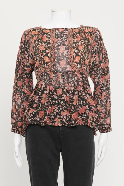 Black and Orange Floral Preowned Blouse