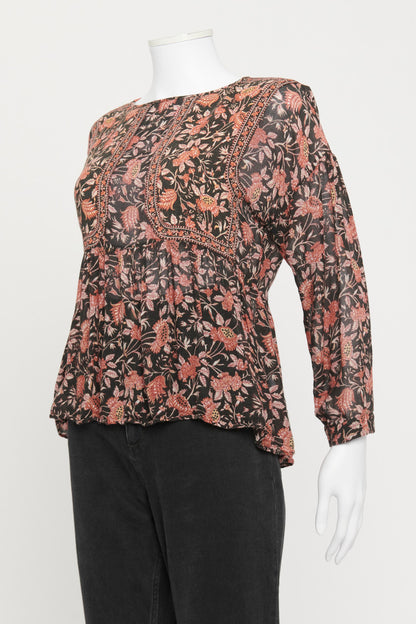 Black and Orange Floral Preowned Blouse