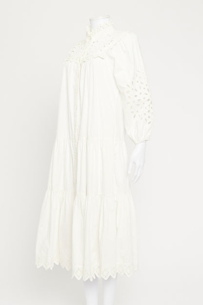 White Cotton Broderie Anglaise Tiered Preowned Maxi Dress