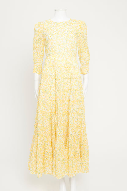 Yellow Floral Cotton Preowned Tiered Maxi Dress