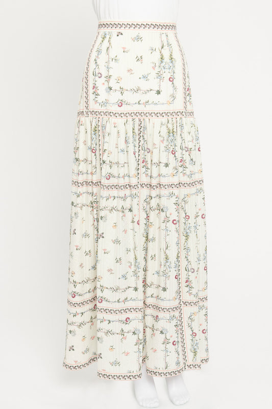 White Floral Silk Preowned Maxi Skirt