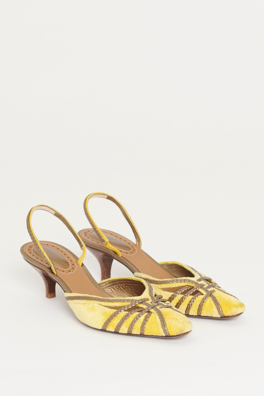 Yellow Velour Embellished Preowned Kitten Heels