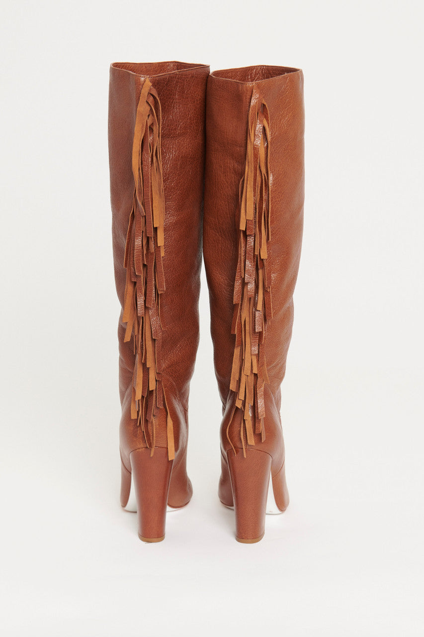 Brown Leather Fringe Preowned Cowboy Boots