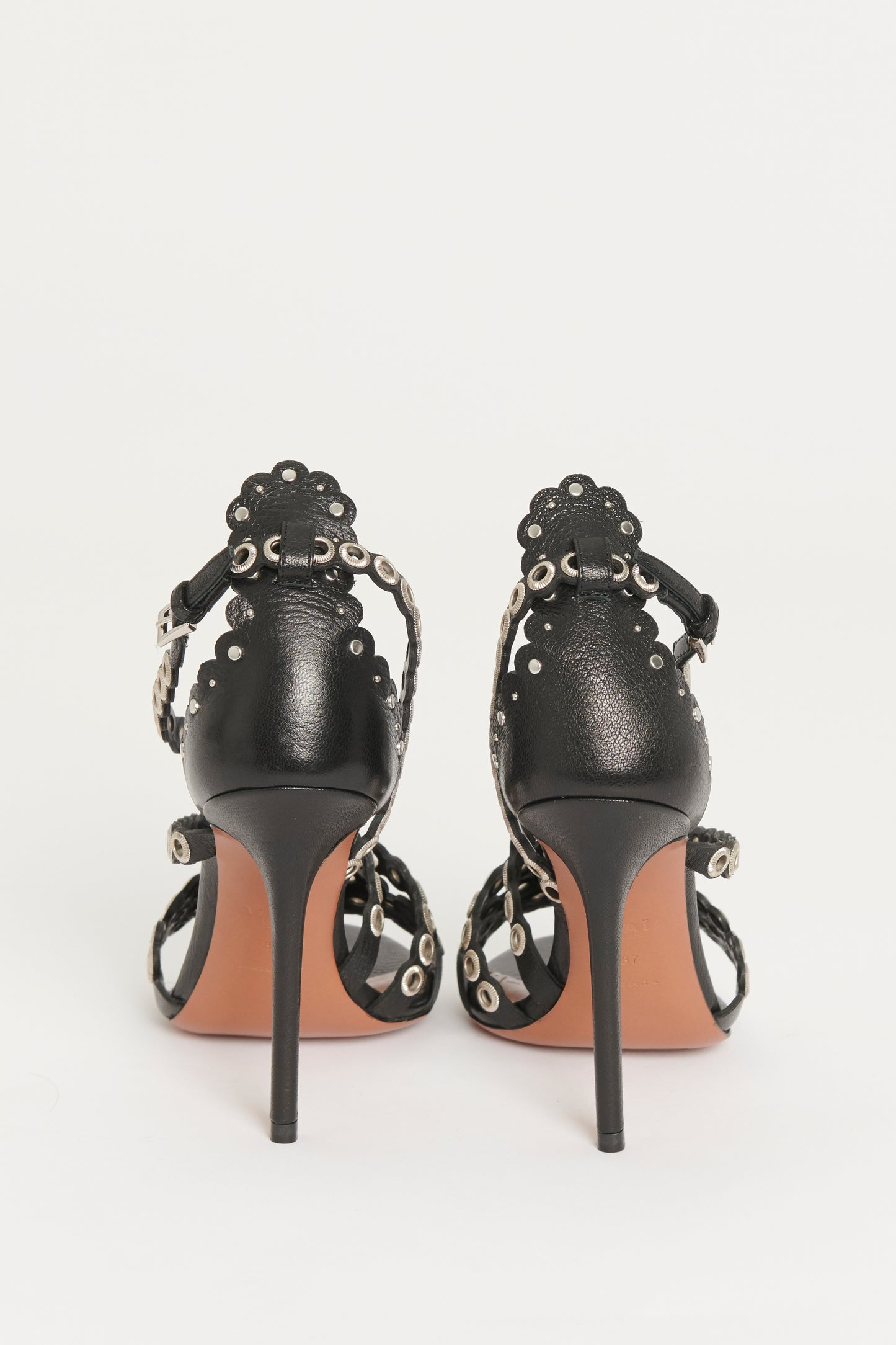 Black Textured-Leather 110 Eyelet-Embellished Preowned Sandals