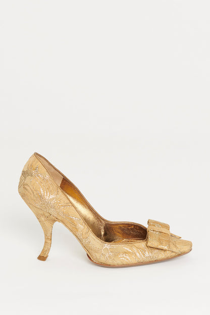 Gold Brocade Bow Preowned Pumps