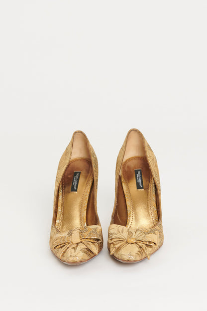 Gold Brocade Bow Preowned Pumps
