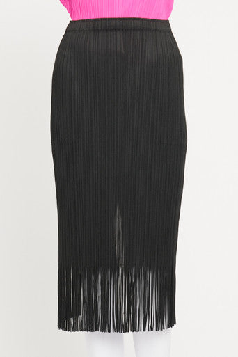 Black Pleated Jersey Fringed Preowned Skirt