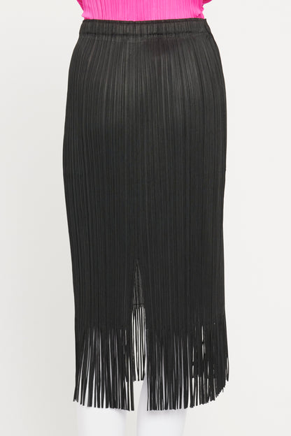 Black Pleated Jersey Fringed Preowned Skirt