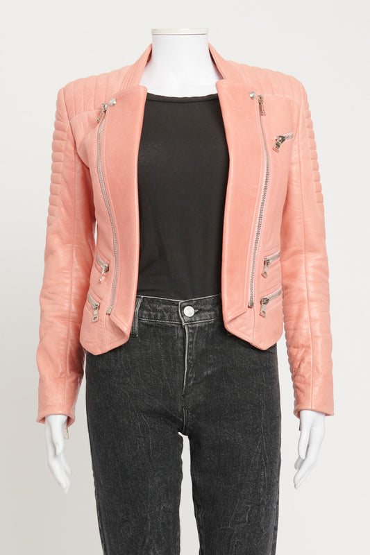 Salmon Pink Quilted Leather Preowned Biker Jacket