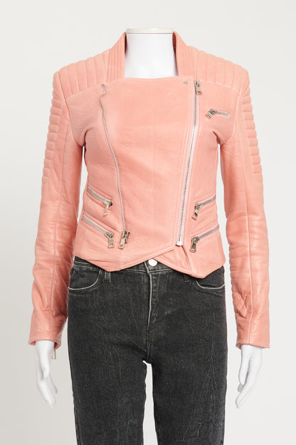 Salmon Pink Quilted Leather Preowned Biker Jacket