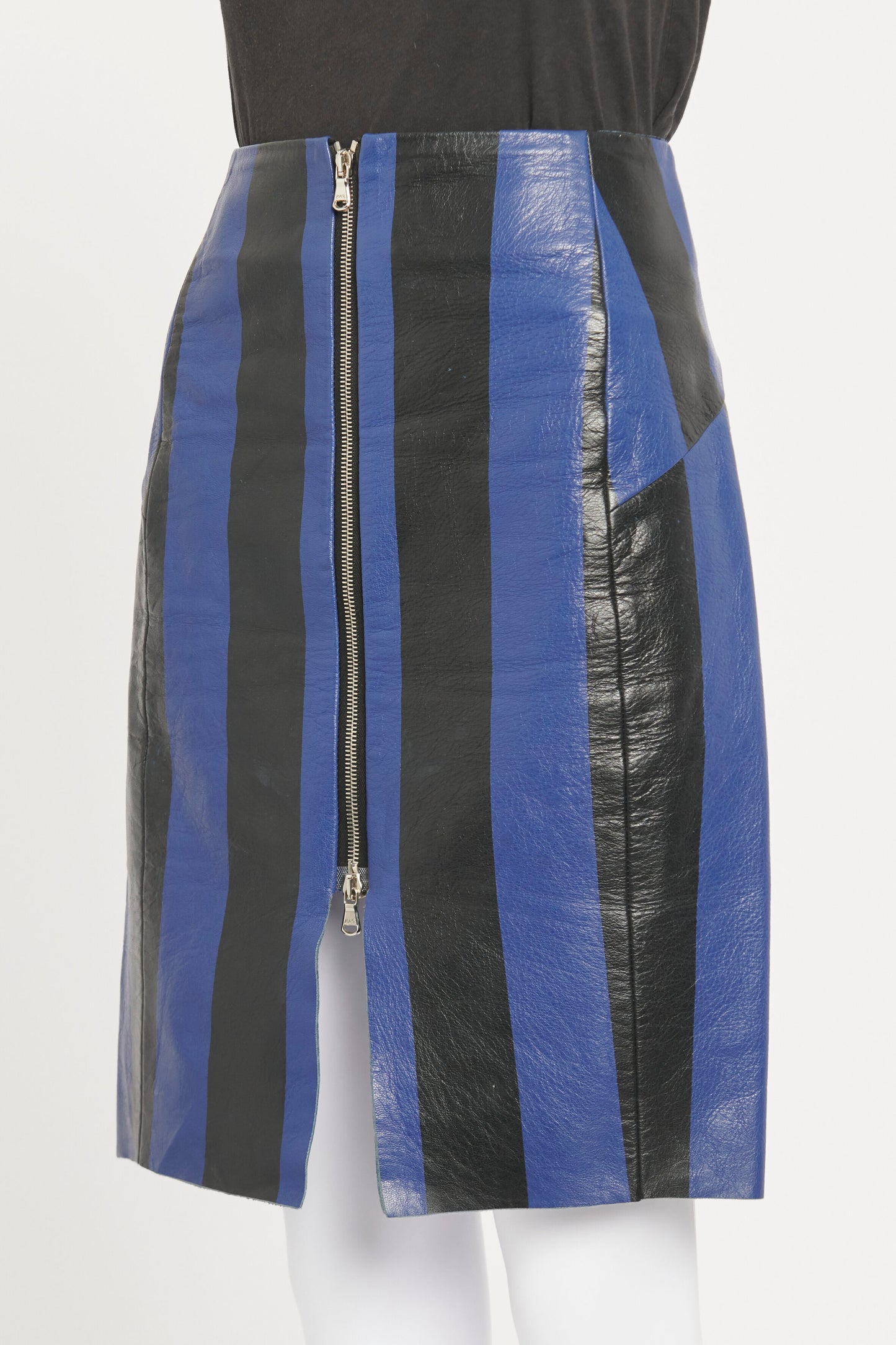 Black and Blue Striped Leather Zip Up Preowned Skirt