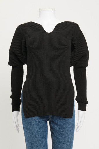 Black Ribbed Merino Wool Puff Sleeve Preowned Top