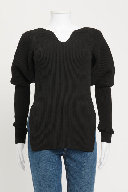 Black Ribbed Merino Wool Puff Sleeve Preowned Top