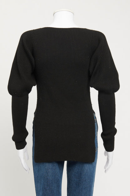Black Ribbed Merino Wool Puff Sleeve Preowned Top