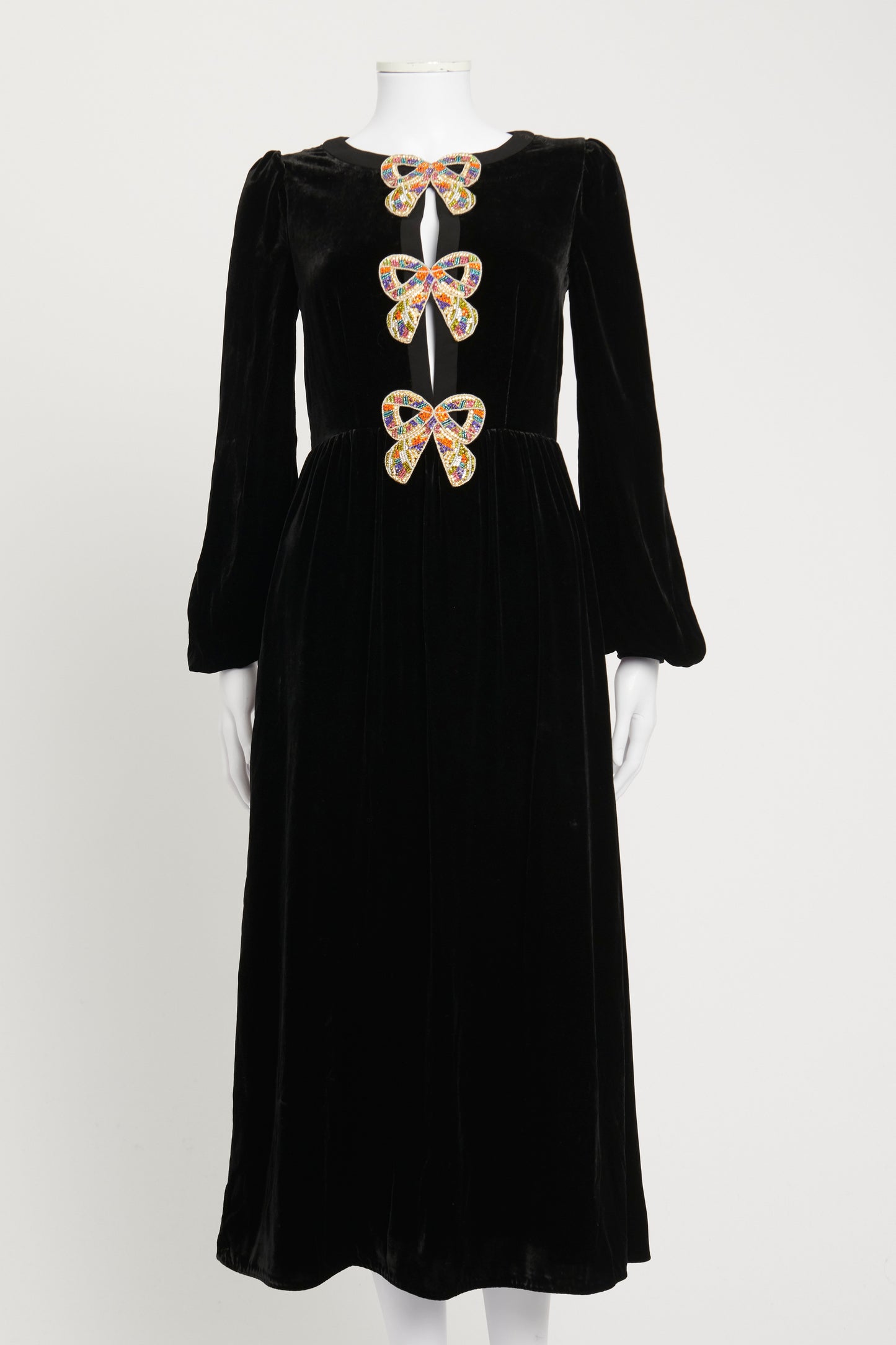 Black Camille Bow-Embellished Velvet Preowned Midi Dress