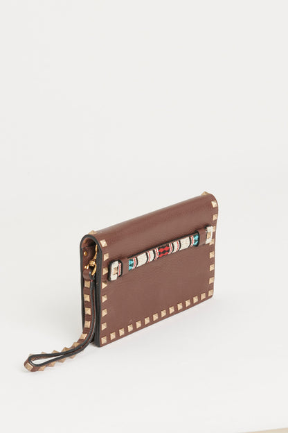 Brown Rockstud Leather Preowned Clutch Bag