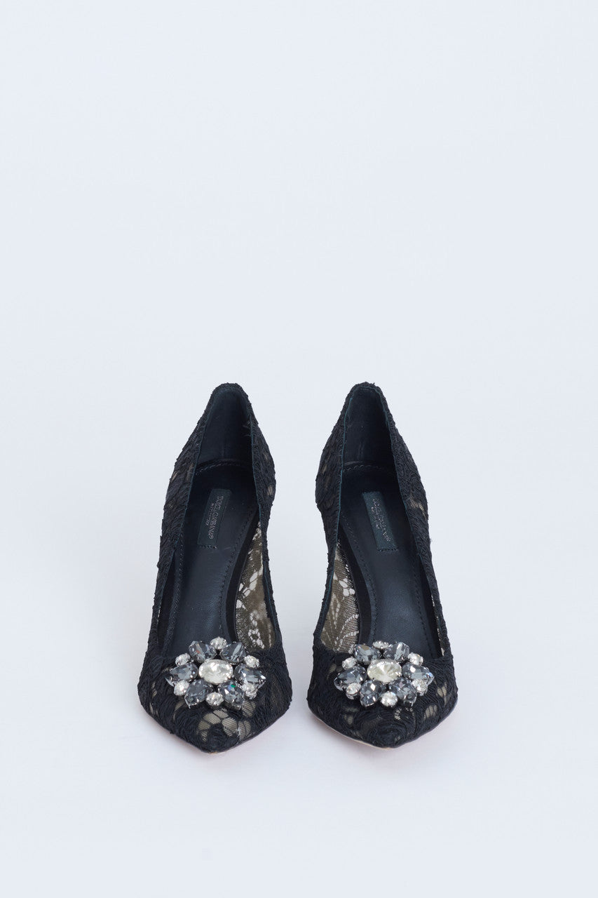 Black Lace Pointed Toe Preowned Pumps With Crystal Embellishment