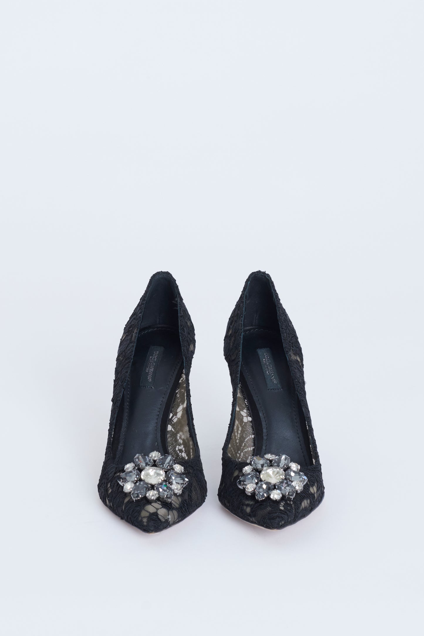 Black Lace Pointed Toe Preowned Pumps With Crystal Embellishment