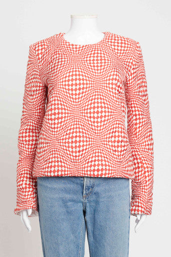 Red and White Quilted Silk Optical Illusion Preowned Top