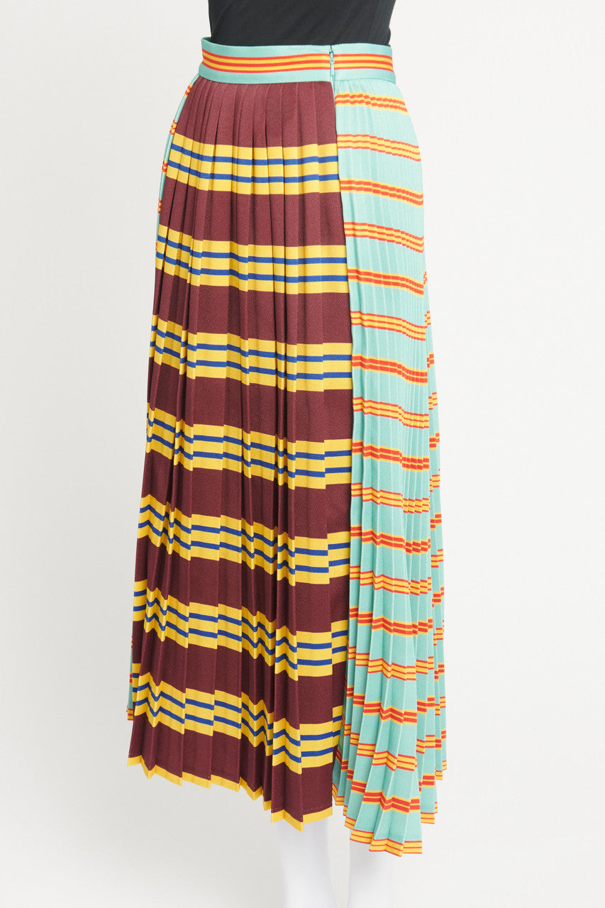 Multicoloured Striped Pleated Plaid Preowned Midi Skirt