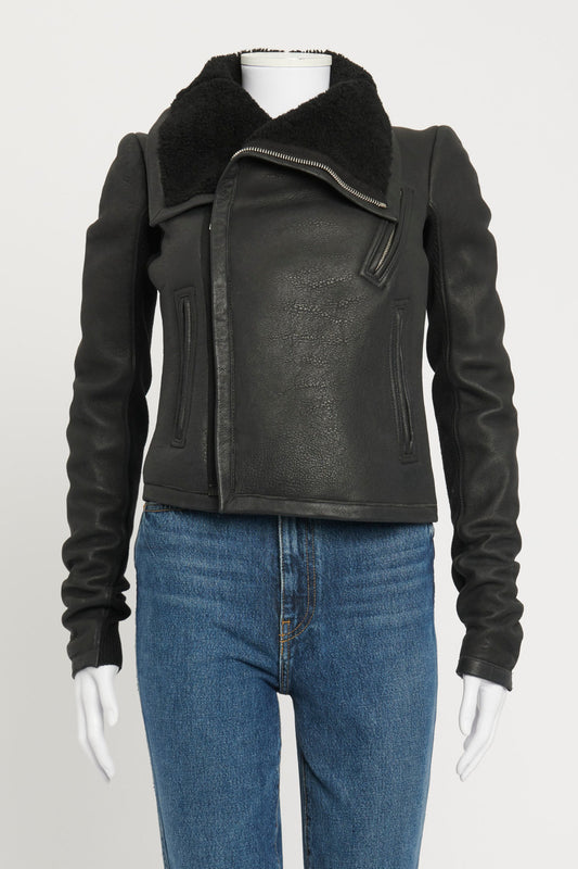 Black Leather Shearling Lined Preowned Biker Jacket
