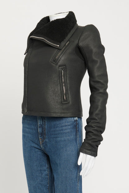 Black Leather Shearling Lined Preowned Biker Jacket