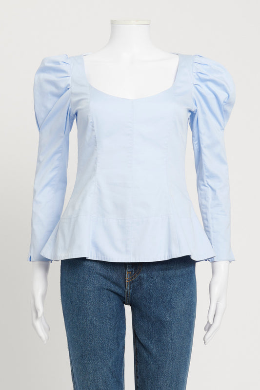 Pale Blue Cotton Puff Sleeve Preowned Blouse