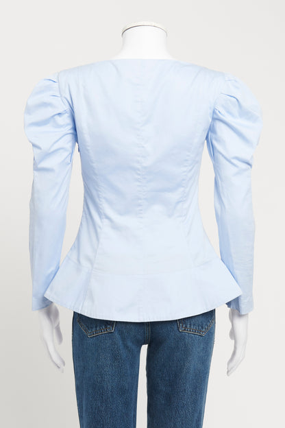 Pale Blue Cotton Puff Sleeve Preowned Blouse