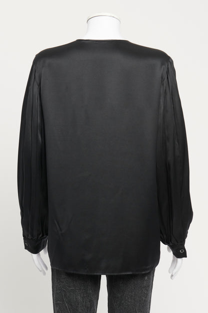 Black Silk Pleated Sleeve Preowned Blouse