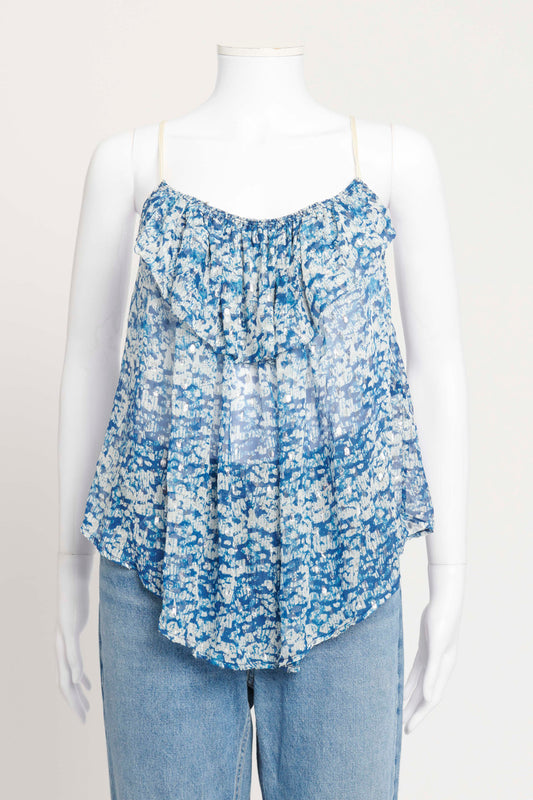 Blue and White Silk Ruffle Preowned Camisole
