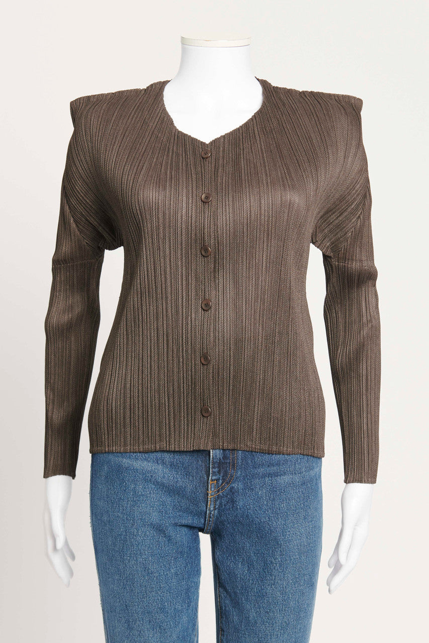 Brown Buttoned Down Pleated Preowned Cardigan