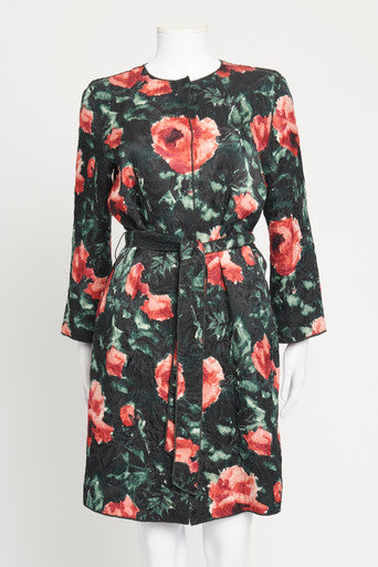 Multicoloured Floral Print Collarless Preowned Belted Jacket