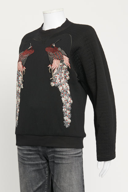 Fall 2012 Black Preowned Crewneck Sweater With Embroidered Peacocks