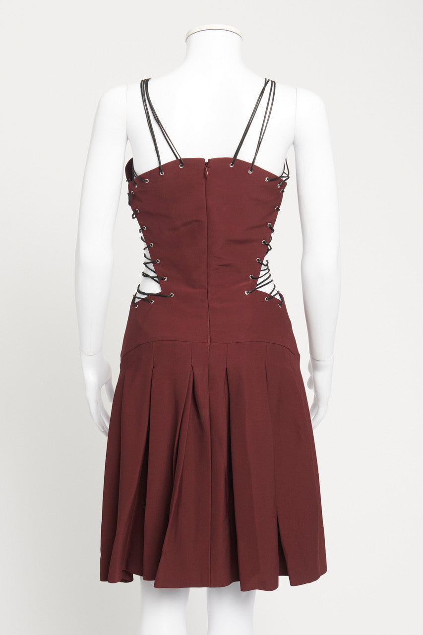 Burgundy Lace-Up Stretch-Crepe Preowned Dress