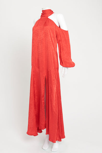 Red Floral Satin Cut-Out Shoulder Preowned Maxi Dress