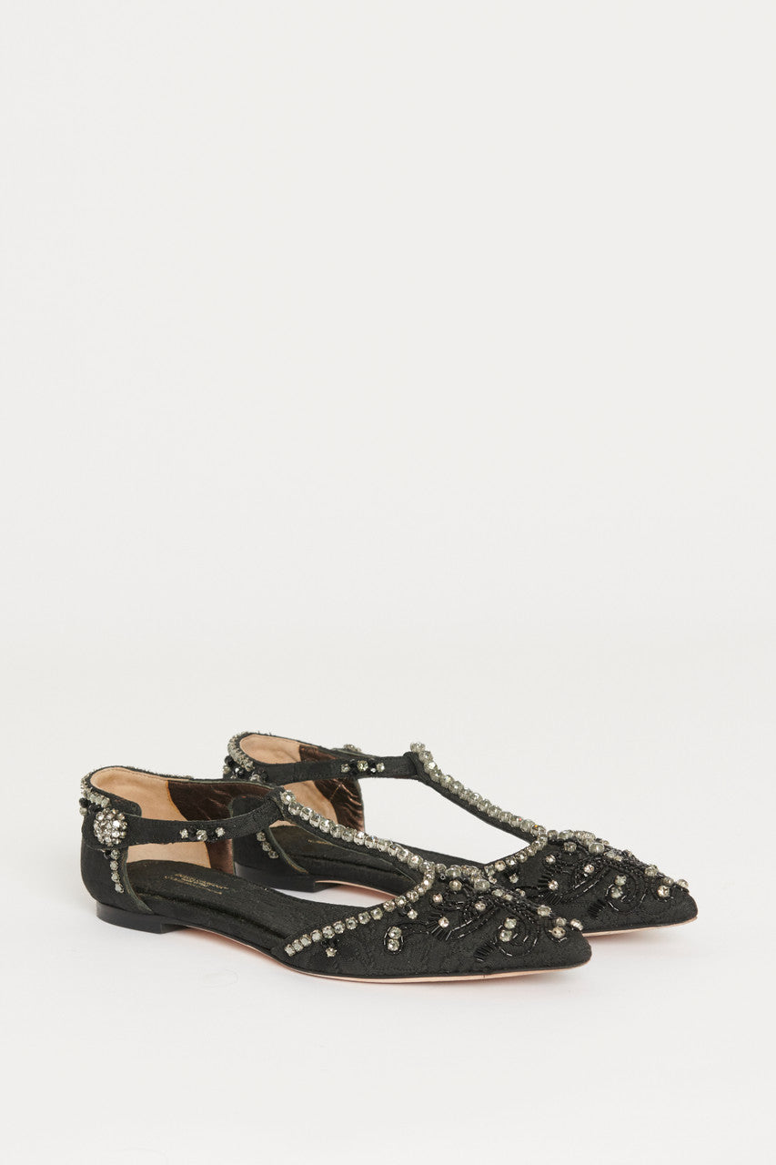 Black Crystal Preowned Pointed Toe Flats