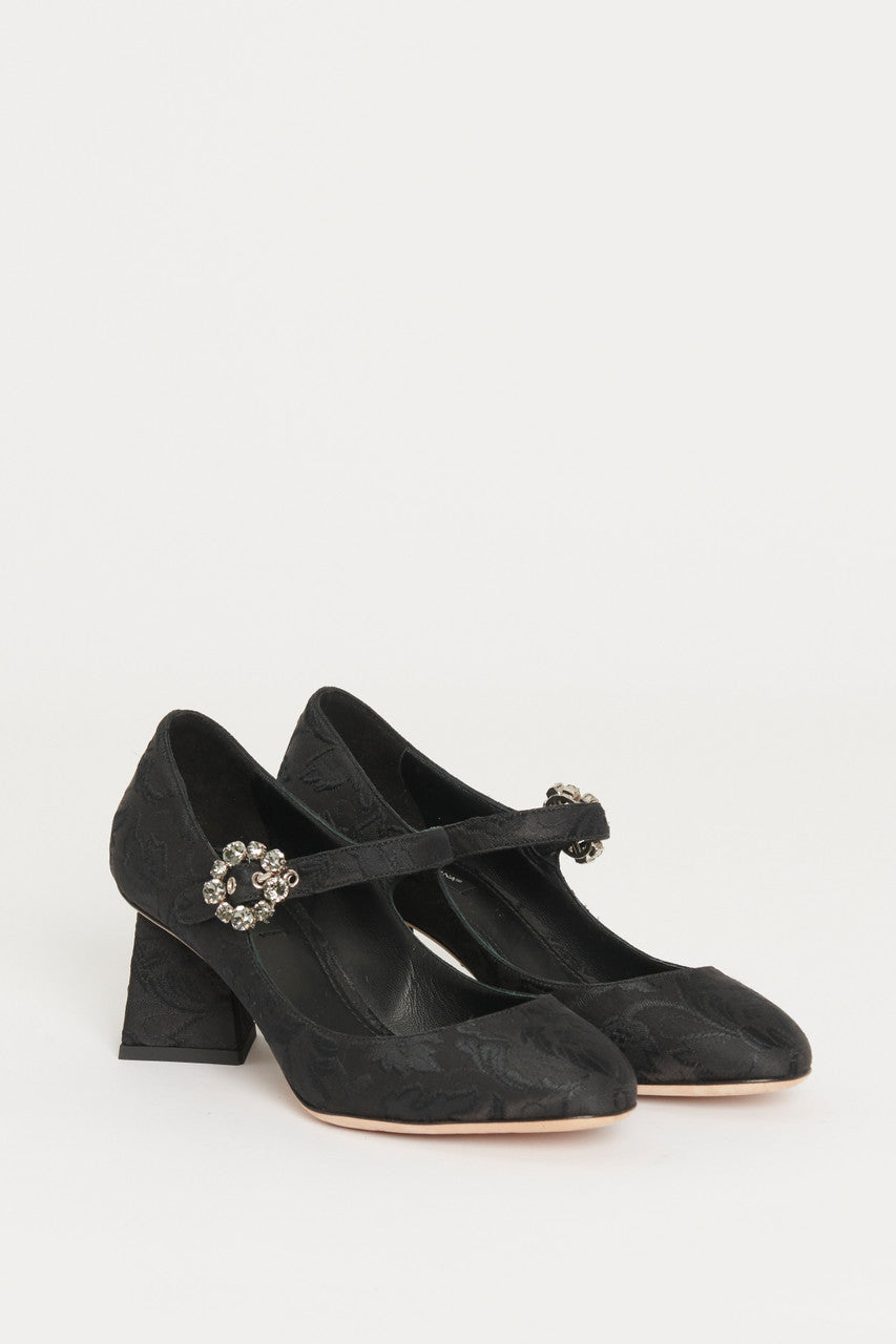 Black Brocade Crystal Buckle Preowned Mary Janes