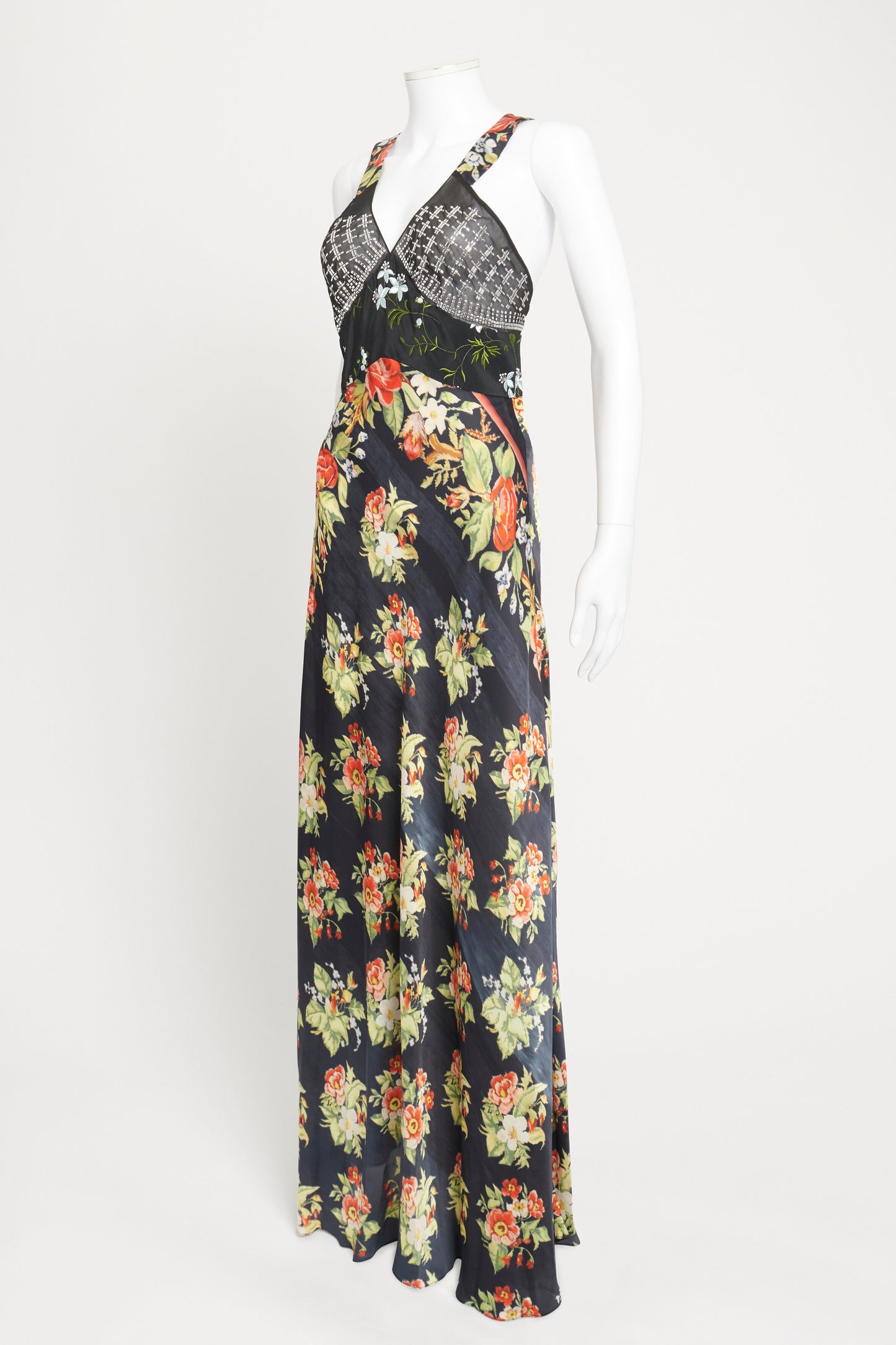 SS19 Runway Embroidered Satin and Chiffon Preowned Maxi Dress