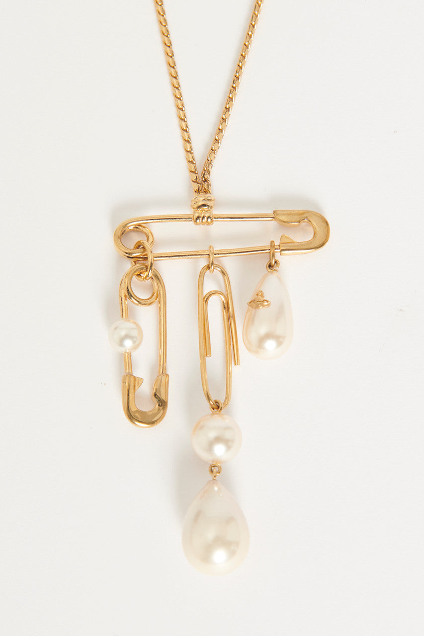Gold Safety Pin Drop Pendant Pearl Chain Preowned Necklace