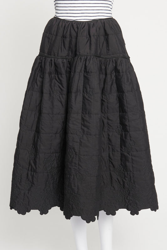 Black Cotton Joy Amarylis Quilted Panel Preowned Midi Skirt