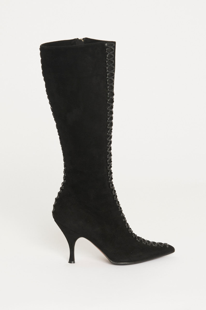 Black Suede Knee High Lace Up Preowned Boots