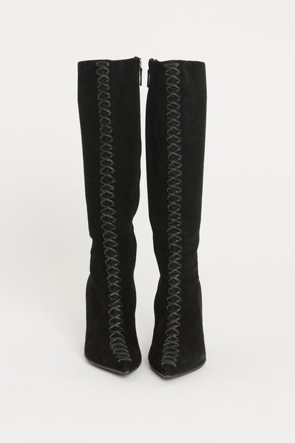 Black Suede Knee High Lace Up Preowned Boots