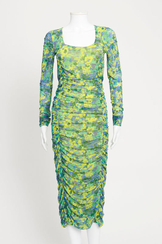 Green Floral Recycled Nylon Preowned Midi Dress