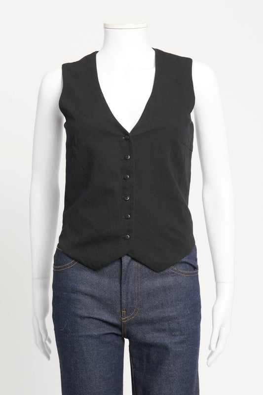 Black Cotton/Linen Fitted Single-Breasted Preowned Waistcoat